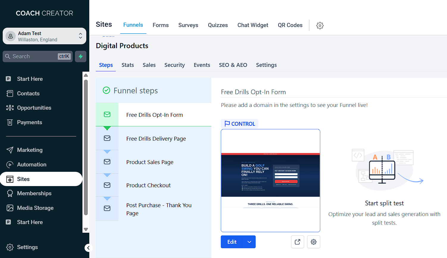 Coach Creator Platform showing a ready-built digital product funnel with opt-in, delivery, sales, checkout and thank-you pages